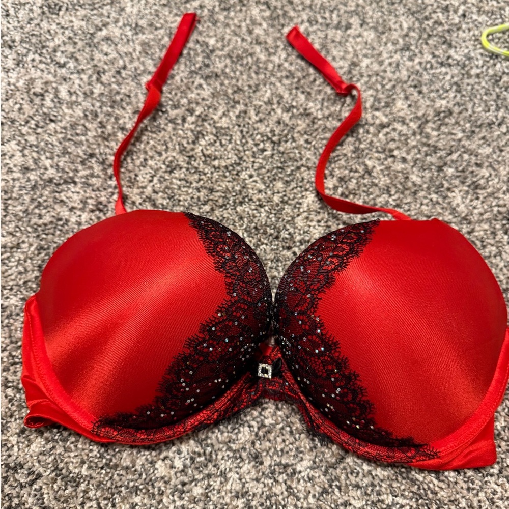 Victoria's Secret Red Satin Push-Up Bra with Black Lace